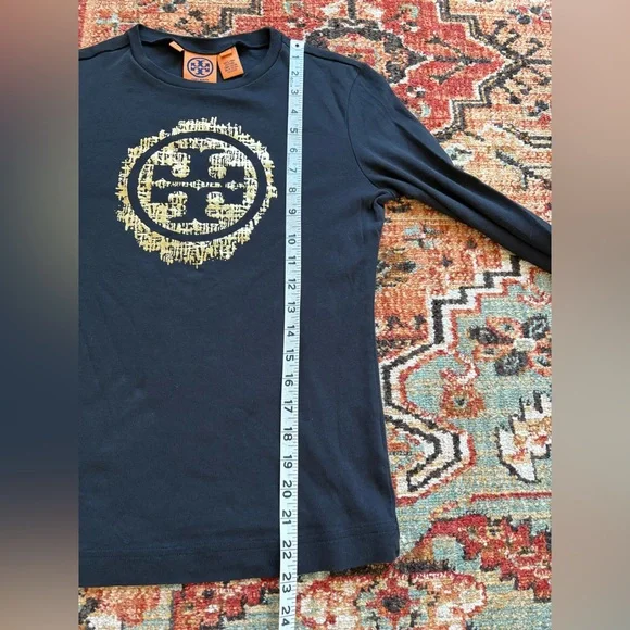 Tory Burch Black Long Sleeve Top Gold Metallic Logo 100% Cotton Small - Picture 9 of 9